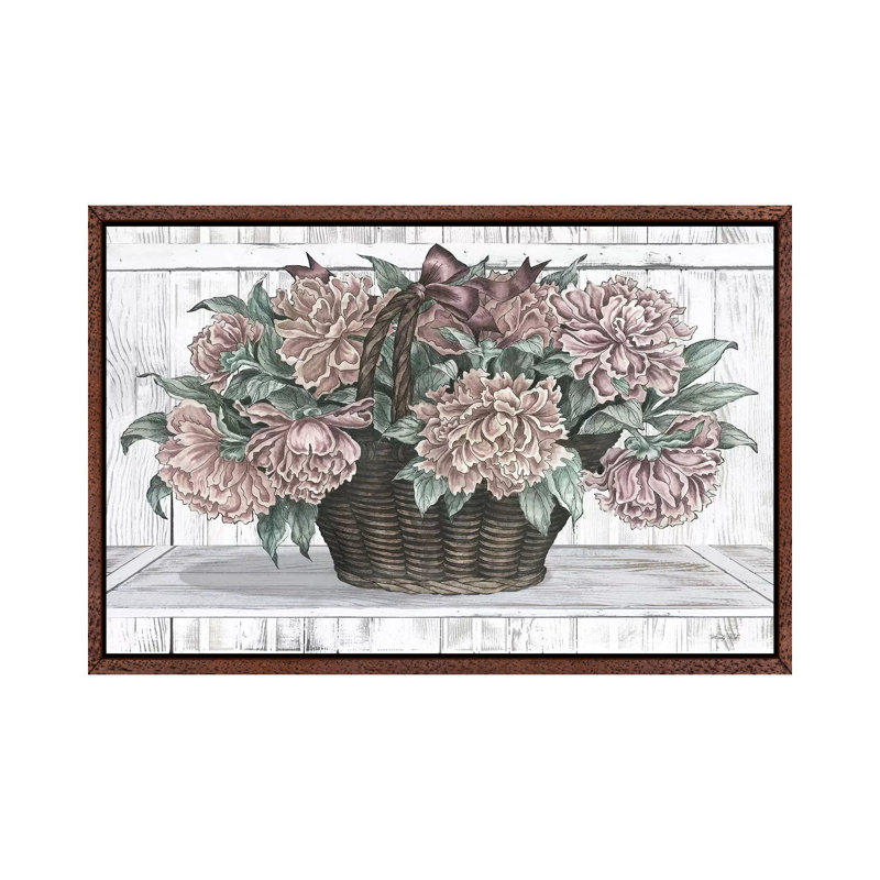Basket of Peonies 1 Piece Wall Art on Canvas, 45.72cm H x 66.04cm W x 3.81cm D, Classic Brown Wood Framed