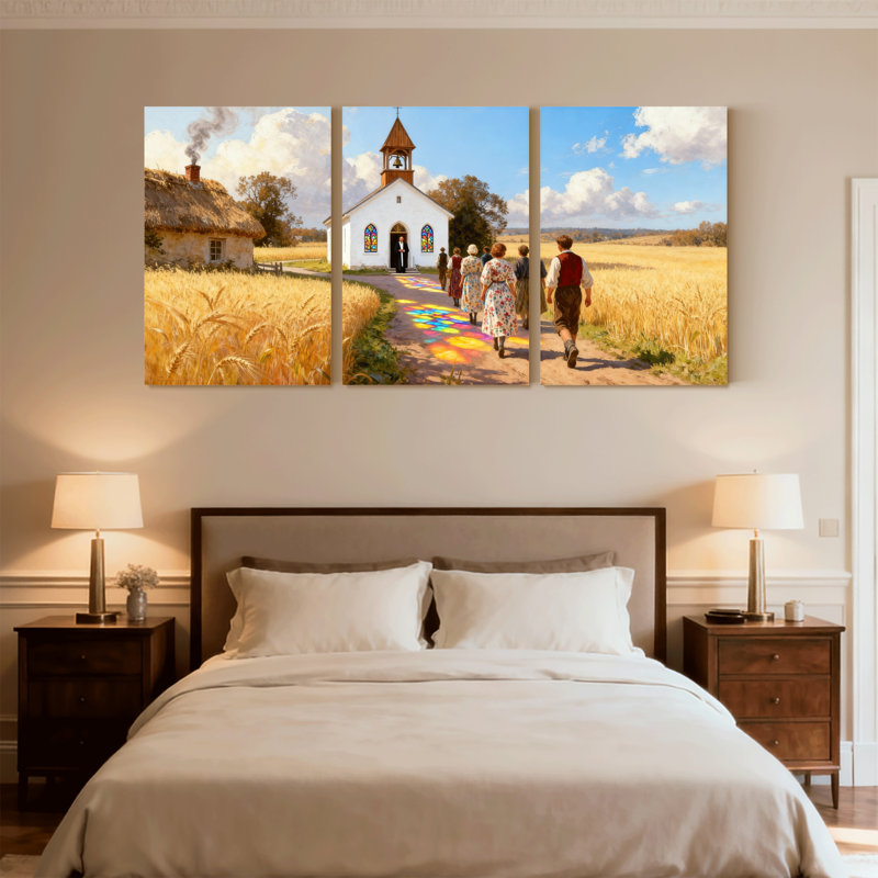 «Scenic & Cityscapes Church Path Golden Fields People Walking», ensemble de 3 impressions sur toile, H 30 po x l 60 po