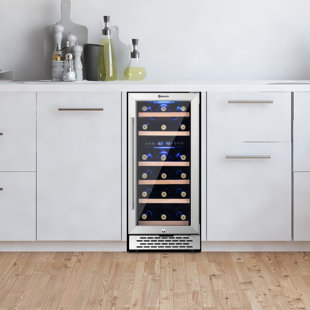 15 Inch Wine Fridge Under Counter- 28 Bottle Dual Zone Stainless Steel  Wine Refrigerator, Freestanding Wine Cooler with Glass Door/Safety Lock