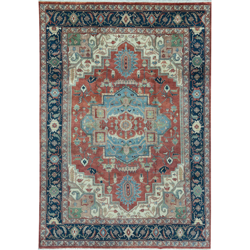 Hand-Knotted High-Quality Rust and Blue Area Rug