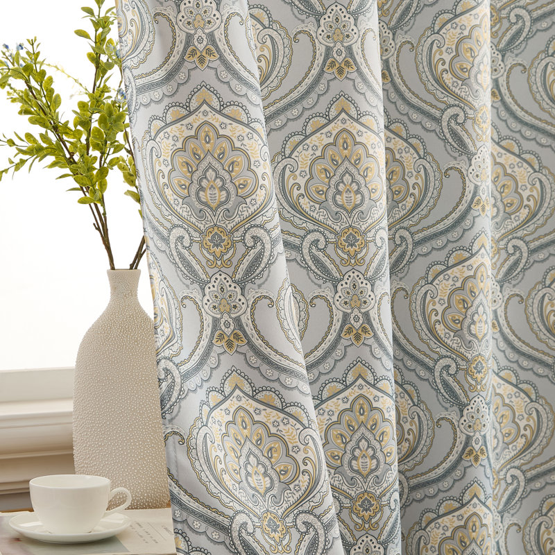 Messina Paisley Damask Patterned Window Back Tab Rod Pocket Curtains Bedroom - Light Blocking Darkening Window Panels, Set of 2