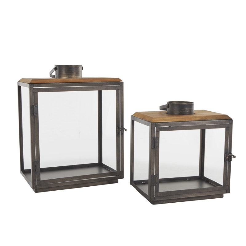 Metal Brushed Rectangular Indoor Outdoor Dark Gray Candle Lantern with Brown Wood Tops Set