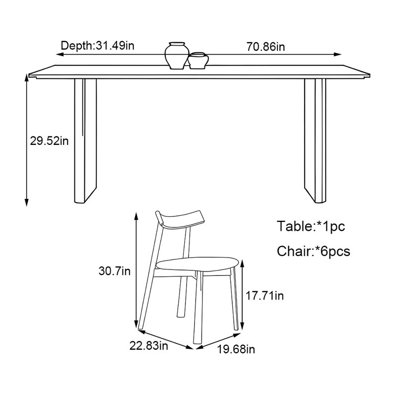 Ensemble de table de salle à manger rectangulaire minimaliste moderne, H 29,52 po x L 70,86 po x l 31,49 po