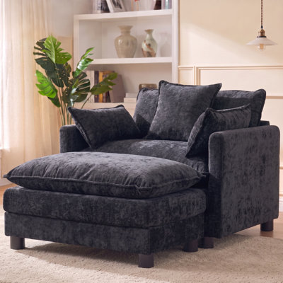 Elegant Oversized Club Chair and Ottoman Set, Cream Textured Fabric Lounge Chair