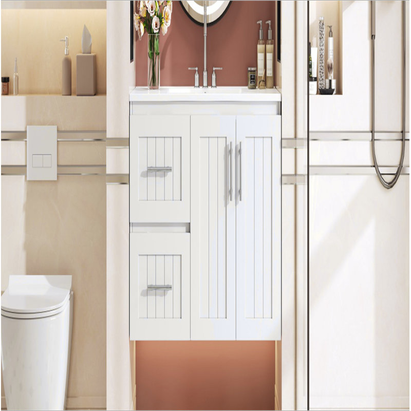 Meuble-lavabo mural 36 po, armoire de rangement flottante avec 2 tiroirs, lavabo simple en céramique 3 trous, armoire moderne avec tablette réglable