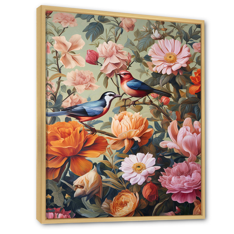 Peinture d'oiseaux tropicaux au paradis, H 32 po x l 16 po x P 1 po, Cadre naturel flottant