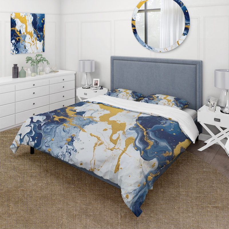Ensemble de housse de couette Blue and Gold Luxury, Housse de couette pour grand lit et 2 taies décor