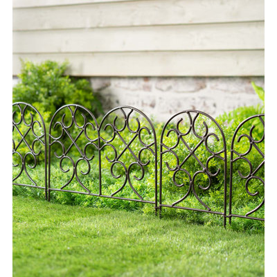 18'' H x 120'' W Scrollwork Wrought Iron Edging with Ground Stakes and Gunmetal Finish