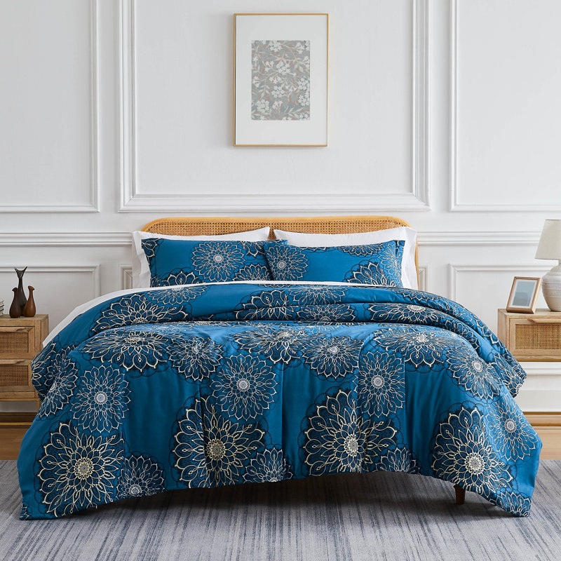 Midnight Floral Duvet Cover Set, King Duvet Cover + 2 Shams, Blue/Yellow