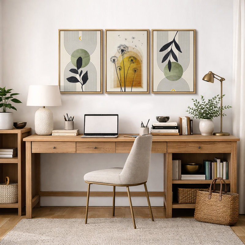 Illustration de pissenlit abstraite de style Mid-Century moderne bohème, images murales de salon moderne et chic, impression sur toile encadrée, ensemble de 16 pièces x 16 po x 3 pièces, 24 po x 36 po x 3 pièces