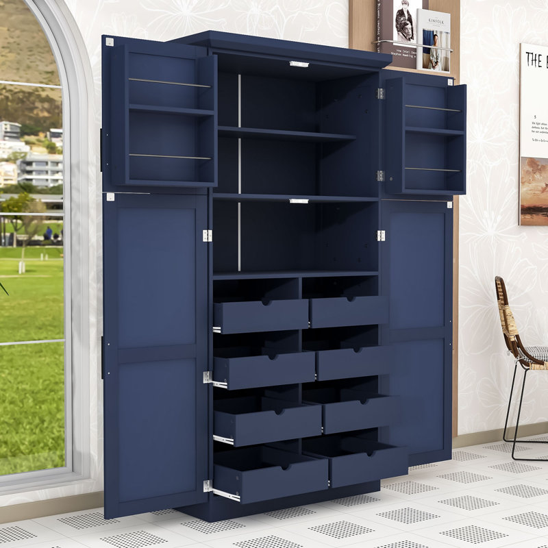 Grand garde-manger autoportant avec plateaux coulissants, tablette réglable et dispositif anti-basculement, Bleu, Noir