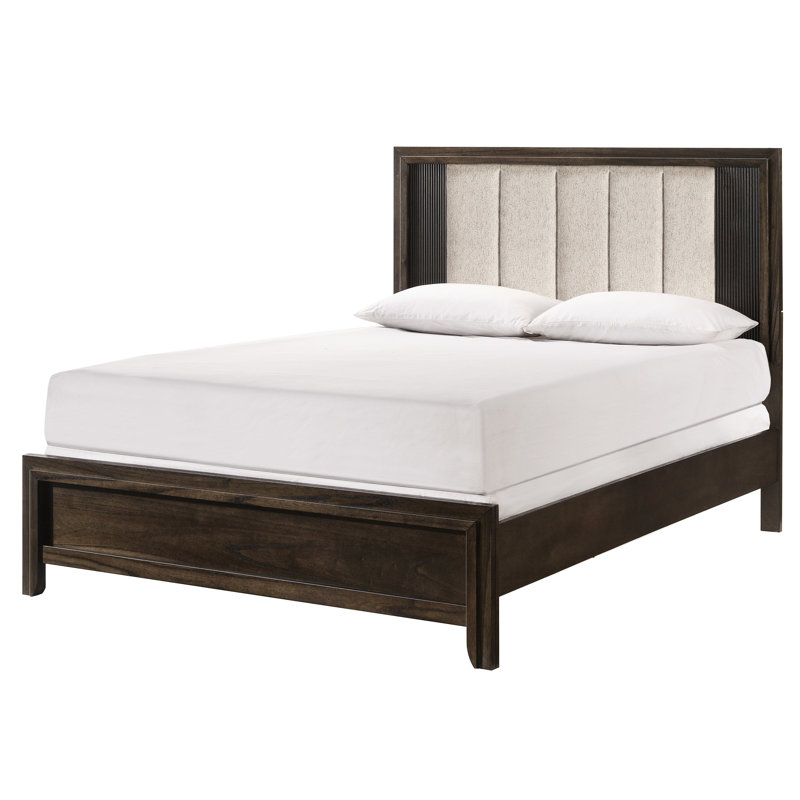 Grand lit, tête de lit tapissier, charme rustique, finition bois riche, esthétique contemporaine, style 1pc dans les tons bruns,