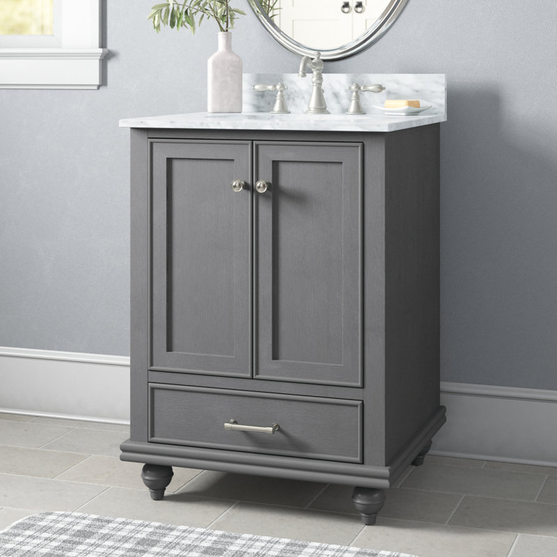 Ensemble de meuble-lavabo simple 24 po Angelissa, Gris grain / nickel brossé, Pierre naturelle blanc de Carrare