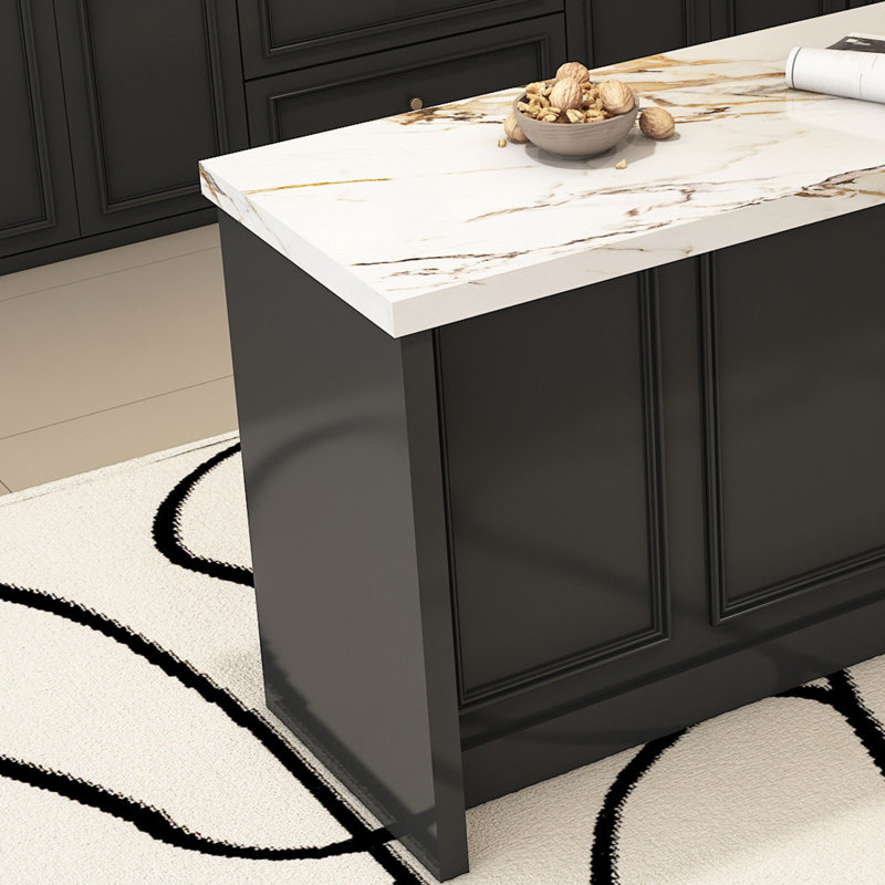 Îlot de cuisine en marbre de qualité supérieure avec armoires de rangement et design contemporain élégant, Noir