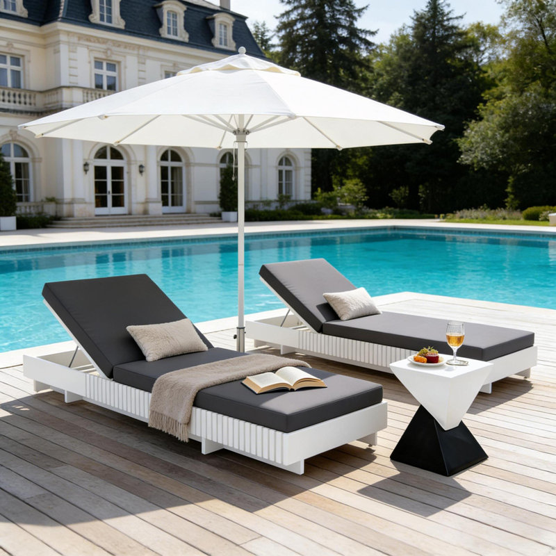 Chaise longue d'extérieur en bois avec coussin hydrofuge, Gris foncé