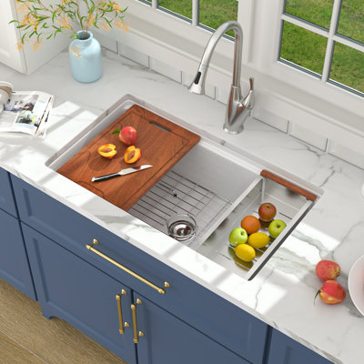 33" L x 19" W Undermount White Ceramic Workstation Kitchen Sink Drop in & Undermount White Fireclay Kitchen Sink Single Bowl Sink