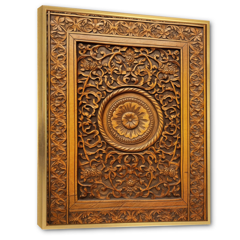 Vieille porte en bois sculpté Xi sur toile, H 44 po x l 34 po x P 1,5 po, Cadre flottant doré