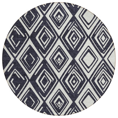 8' Black And Ivory Round Geometric Washable Indoor Outdoor Area Rug