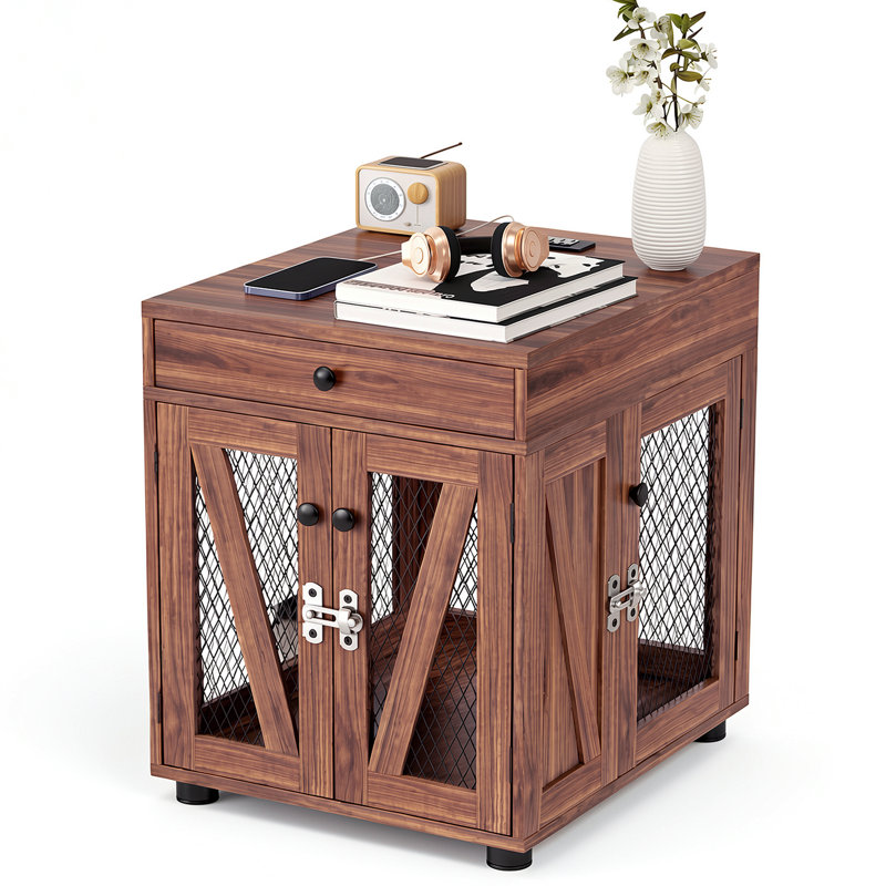 Feristah Manufactured Wood End Table Dog Crate with Charging Station, 24.4" H x 20" W x 23.6" D, Walnut Brown