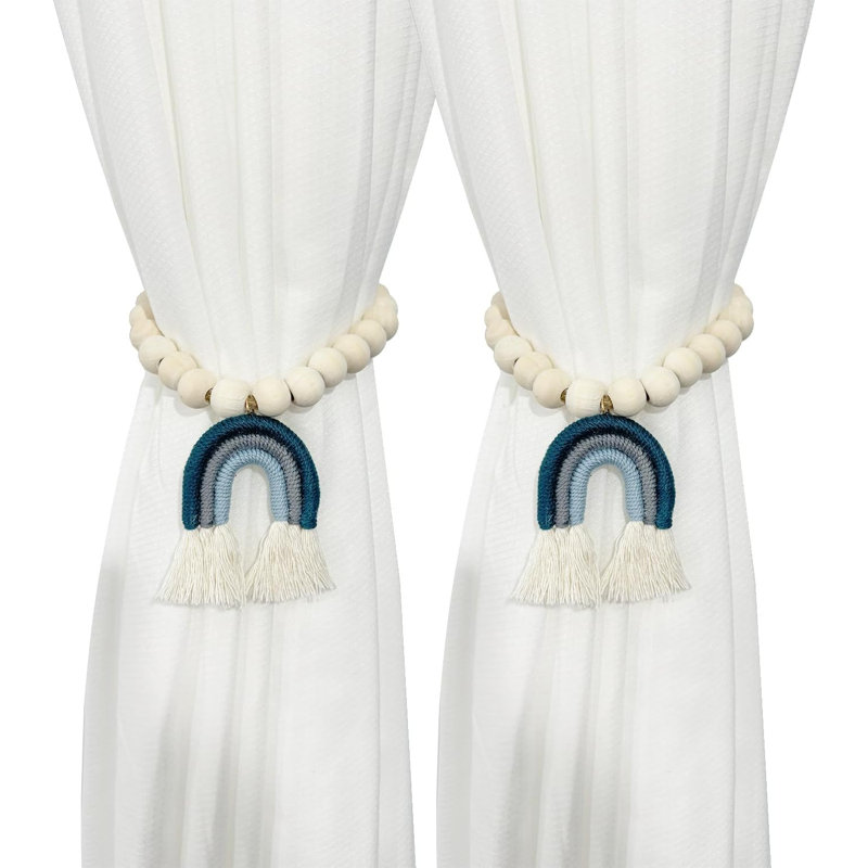 Embrasses de rideaux magnétiques en perles de bois avec arc-en-ciel, paquet de 2, Bois / bleu marine