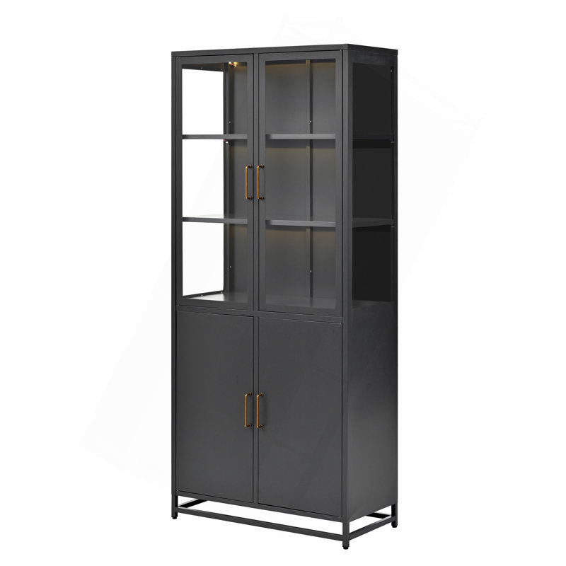 76.75'' Tall Display Cabinet With Double Glass Doors And LED Lights Steel Curio Cabinet For Collectibles Figures Trophies 3-Sided Glass Display Case For Home Office Study Stores Playroom