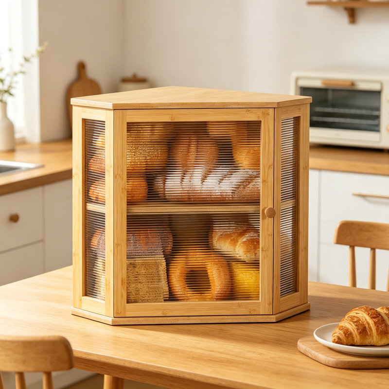 Boîte à pain en bambou pour comptoir de cuisine, rangement à pain en bois à 2 niveaux avec porte en verre acrylique, Yellow