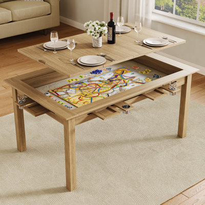 Board Game Table with Removable Table Top, 2-in-1 Rectangular Dining & Gaming Table with Detachable Cup Holders and Hobby Trays, Seats 4 to 6 Players