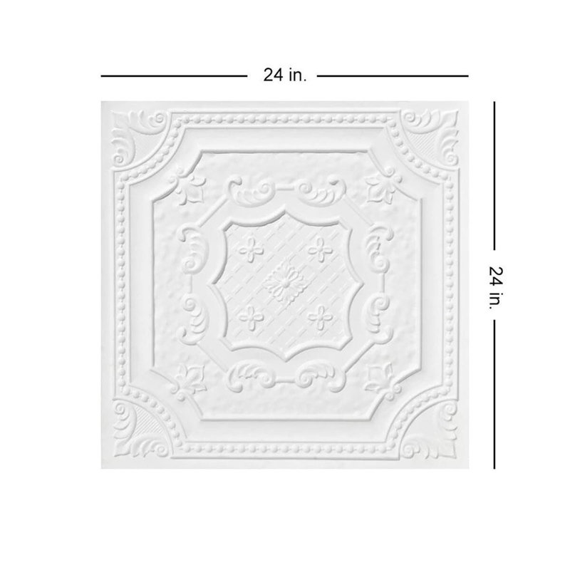 Tuile de plafond élisabéthanne en PVC à coller ou à coller - 24 po x 24 po, Blanc mat