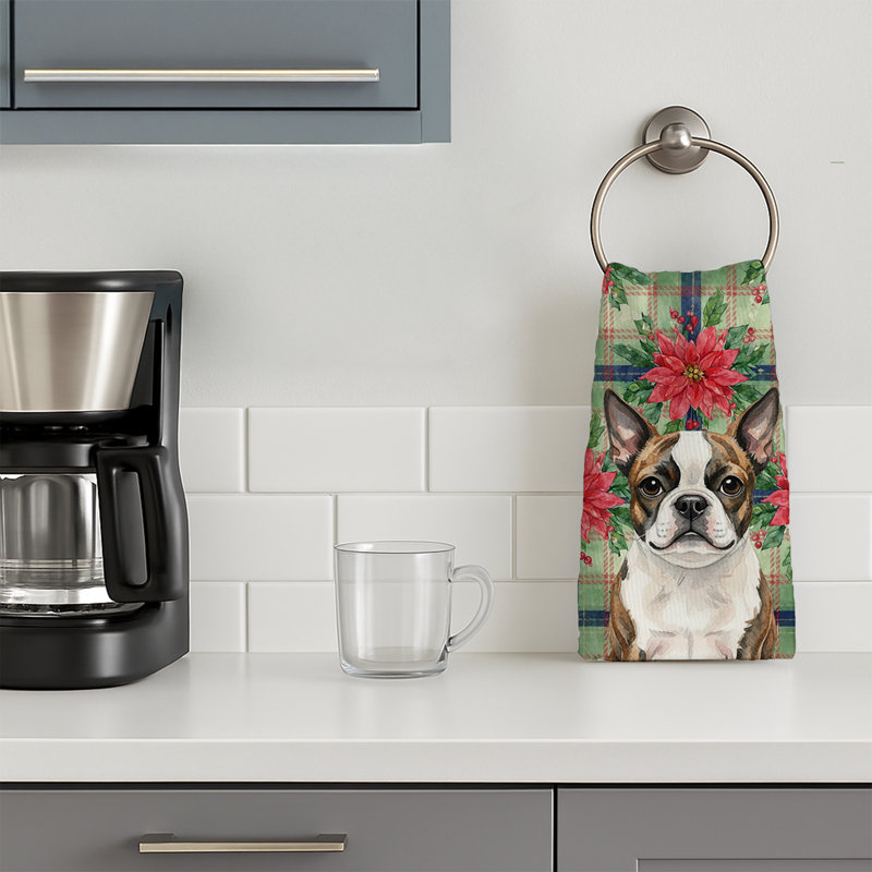 Brindle Boston Terrier Christmas PoinsettIas Kitchen Towel, Brindle Boston Terrier