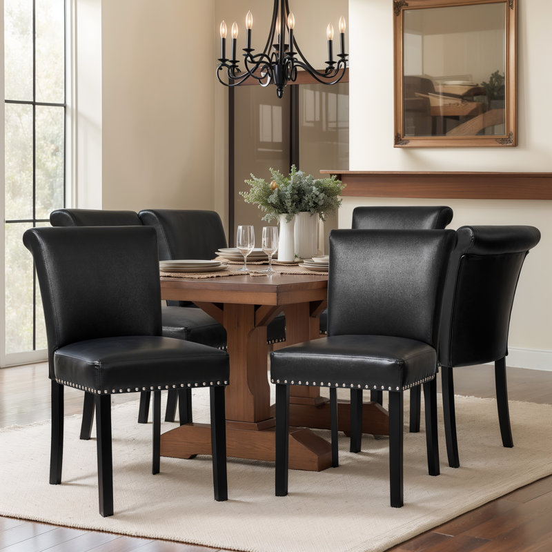 Sofid Nailed Trim Faux Leather Waterproof Upholstered Parsons Dining Chairs (Set Of 6), 6, Black/Black