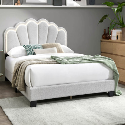 1pc Full Size Bed Wool Fabric Floral Design Headboard w LED Fully Upholstered Platform Bed frame