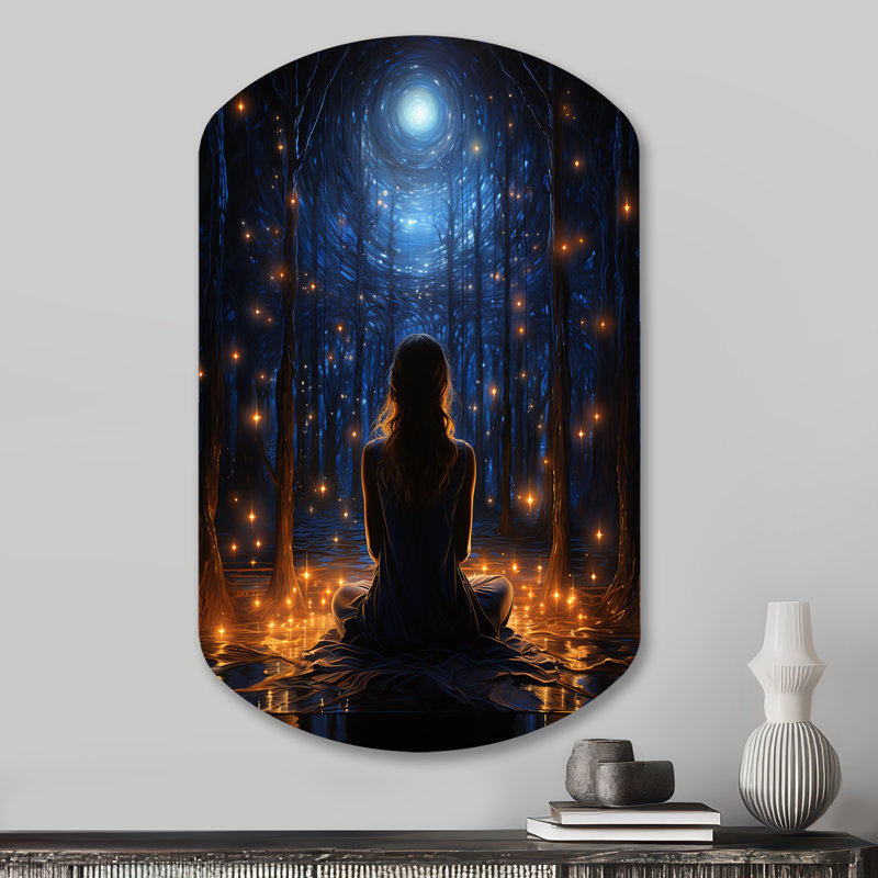 Yoga et le cosmos II - Décoration murale irrégulière en forme de cylindre de yoga en métal, H 31 po x l 19 po