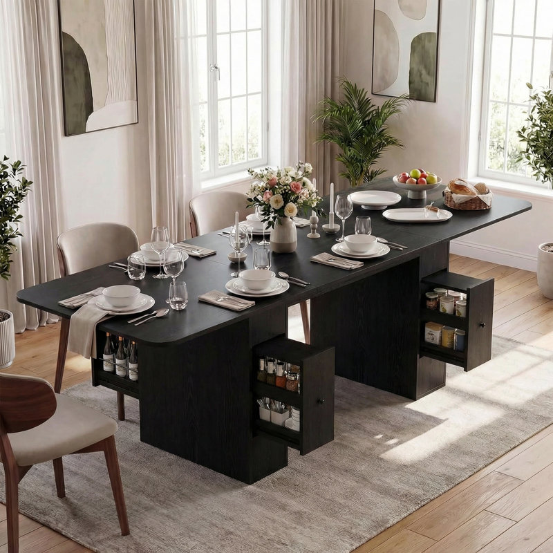 Table de salle à manger extensible en bois de 60 à 78 po avec tiroirs de rangement cachés et feuilles amovibles, Noir