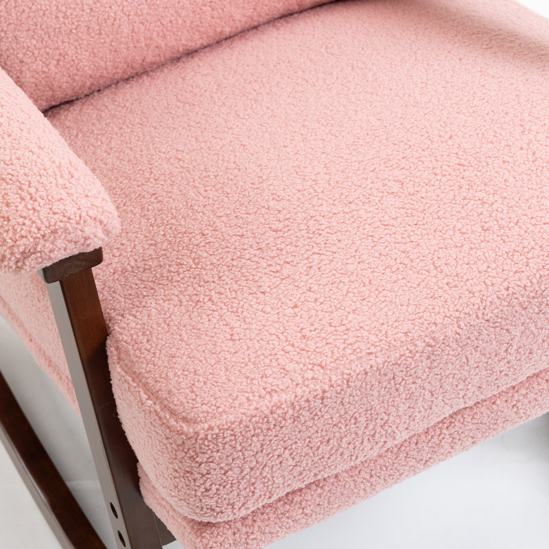 Chaise berçante en bois massif avec coussin de chaise en velours Teddy et coussin de soutien de taille., Rose