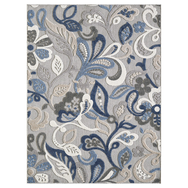 Blue Gray Jacobean Floral Indoor Outdoor Area Rug, Rectangle 3' x 5'