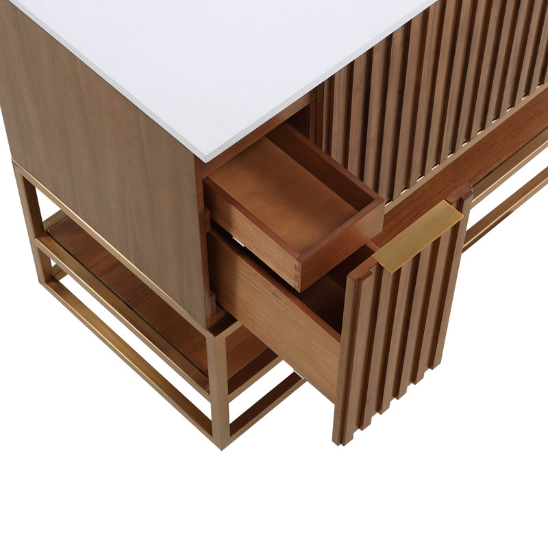 Terra 48'' W Single Vanity, White Quartz/Single Faucet Mount, Walnut, Satin Brass
