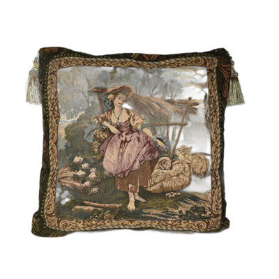 Tapestry Decorative Throw Pillow Girl With Sheep