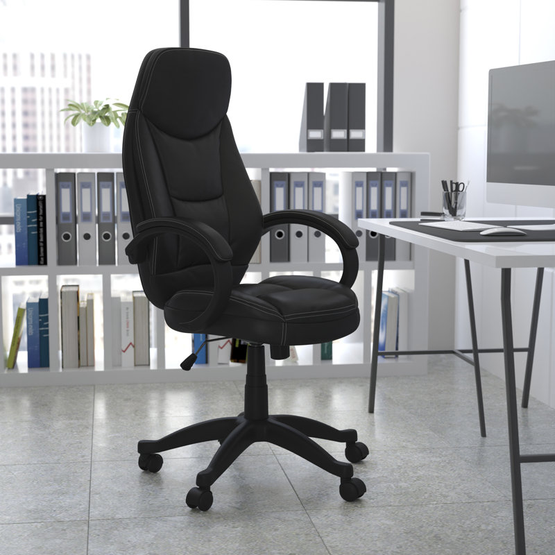 ErgoExecutive High Back Black LeatherSoft Swivel Chair with White Stitching