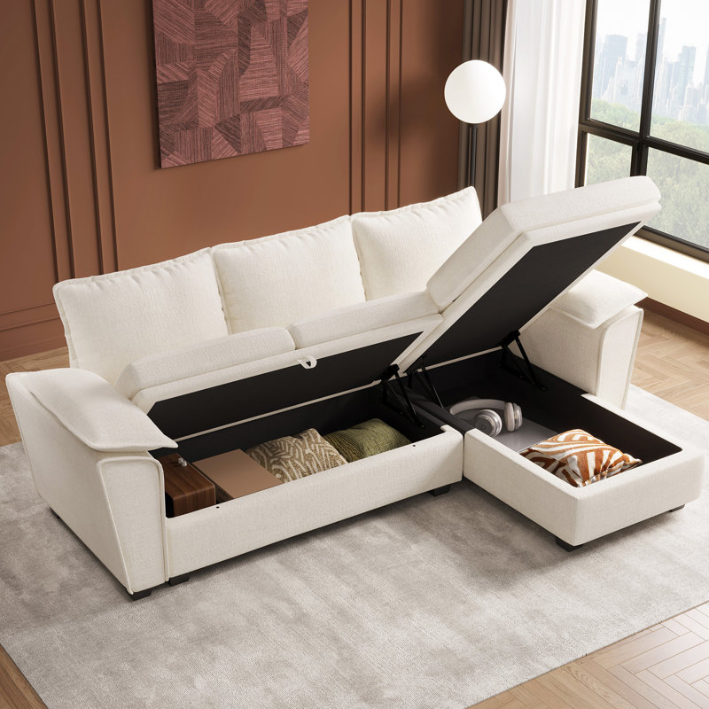 Canapé modulaire rembourré en L avec méridienne, Chenille beige