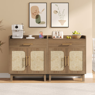  30"W Rattan Sideboard Buffet Cabinet With 2 Doors, Drawer, Charging Station & Adjustable Shelf