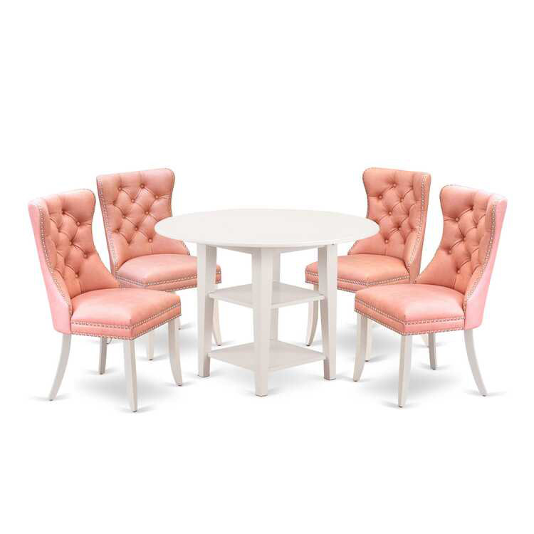 5-Piece Linen White Finish Solid Wood Top - Round Dining Room Set with Dropleaf - Seats 4, Tan