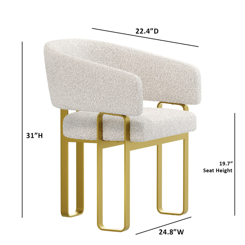 Dining Chair With Arms, Luxury White Boucle Barrel Dining Room Chair Brushed Gold U-Shaped Legs For Kitchen, Bedroom, Makeup Room