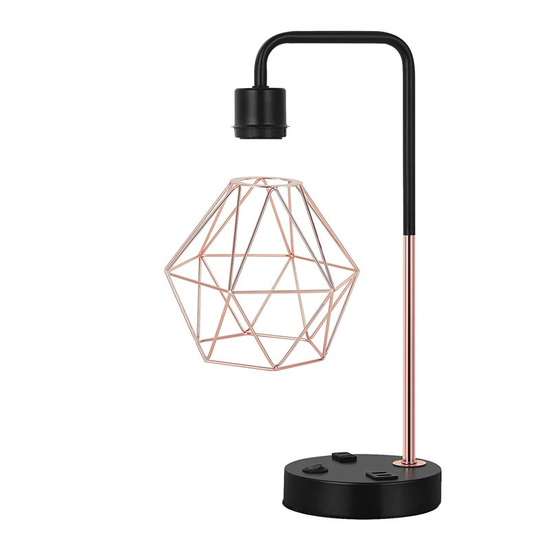 16.1" Black Arched Table Lamp with USB, Rose Gold