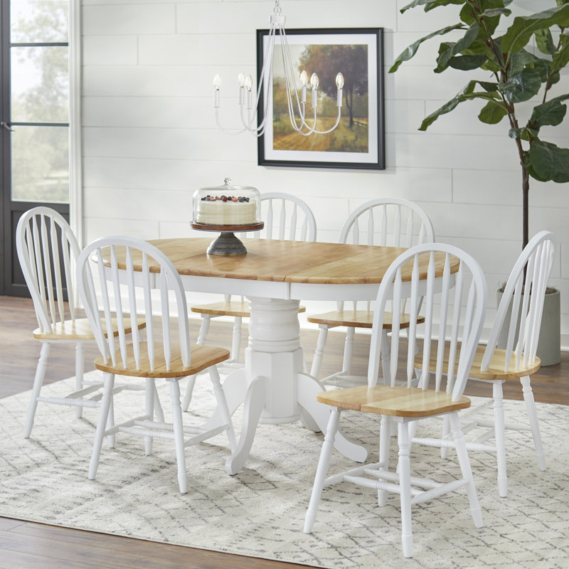 Kaneshiro Solid Wood Top Pedestal Dining Set, White/Natural, 7 Pieces: Table, 6 Chairs