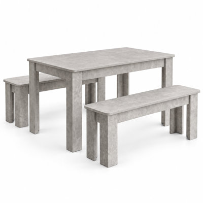 Stone Grey Effect Dining Table Set with 2 Stone Grey Benches 4 Seater Kitchen Dining Furniture Set