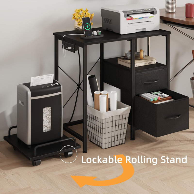 Printer Stand With Power Outlet And USB Ports, Rolling Shredder Stand With Fabric Drawers And Storage Shelf, Sturdy Home Office Printer Table With Multi-Functional Design