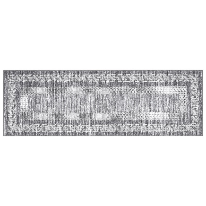Tapis de couloir à bordure géométrique 2 x 6 avec tapis de couloir à motif géométrique délavé et doux, tapis à poils courts qui ne perd pas ses poils, tapis de sol antidérapant et gris