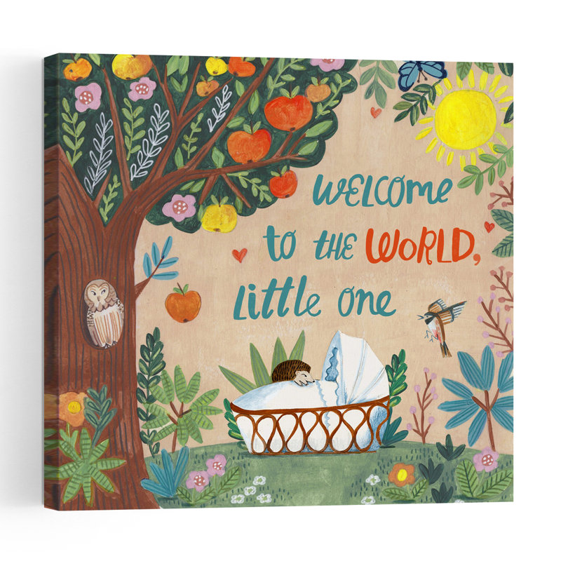Bienvenue dans le monde ! Affiche murale abstraite et contemporaine représentant un pommier, un papillon, un oiseau et une forêt, avec une nature préservée.