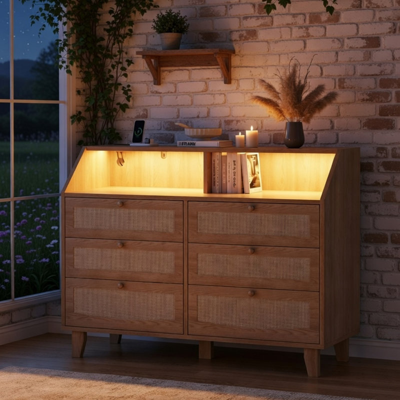  47.2" Rattan 6 Drawer Dresser With LED Lights, Natural Oak