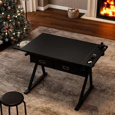 Bureau de dessin réglable avec 2 tiroirs pour la maison et l'utilisation, bureau inclinable de 0 à 75 po, bandes de rangement en métal, pattes de table, surfaces inégales, capacité de charge du tabouret de 150 kg, hauteur de 68 cm à 91 cm,